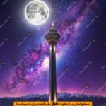 دوستی ماه مهتابی زیبا و برج میلاد در اسمان پرستاره و کهکشانی تهران